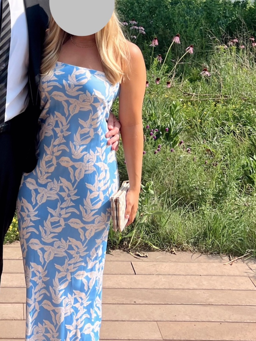 Resa White and Blue Floral Strapless Maxi Dress